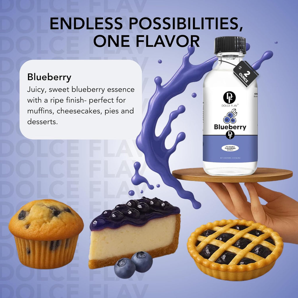 Dolce Flav Blueberry Extract – 8 Ounce Oil-Soluble Kosher, Sugar-Free, Concentrated Ripe Blueberry Flavoring for Baking, Chocolates & Desserts, Includes Measured Dropper