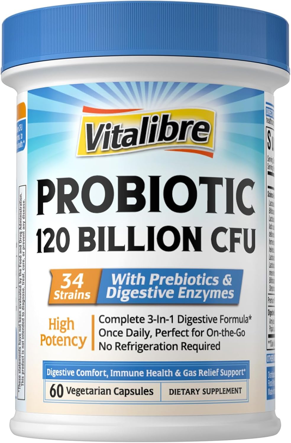Probiotics for Women and Men, 120 Billion CFU 34 Strains, with Digestive Enzymes & Prebiotics, No Gluten, Gut Health, Digestive Health, Bloat Relief, 60 Veggie Caps