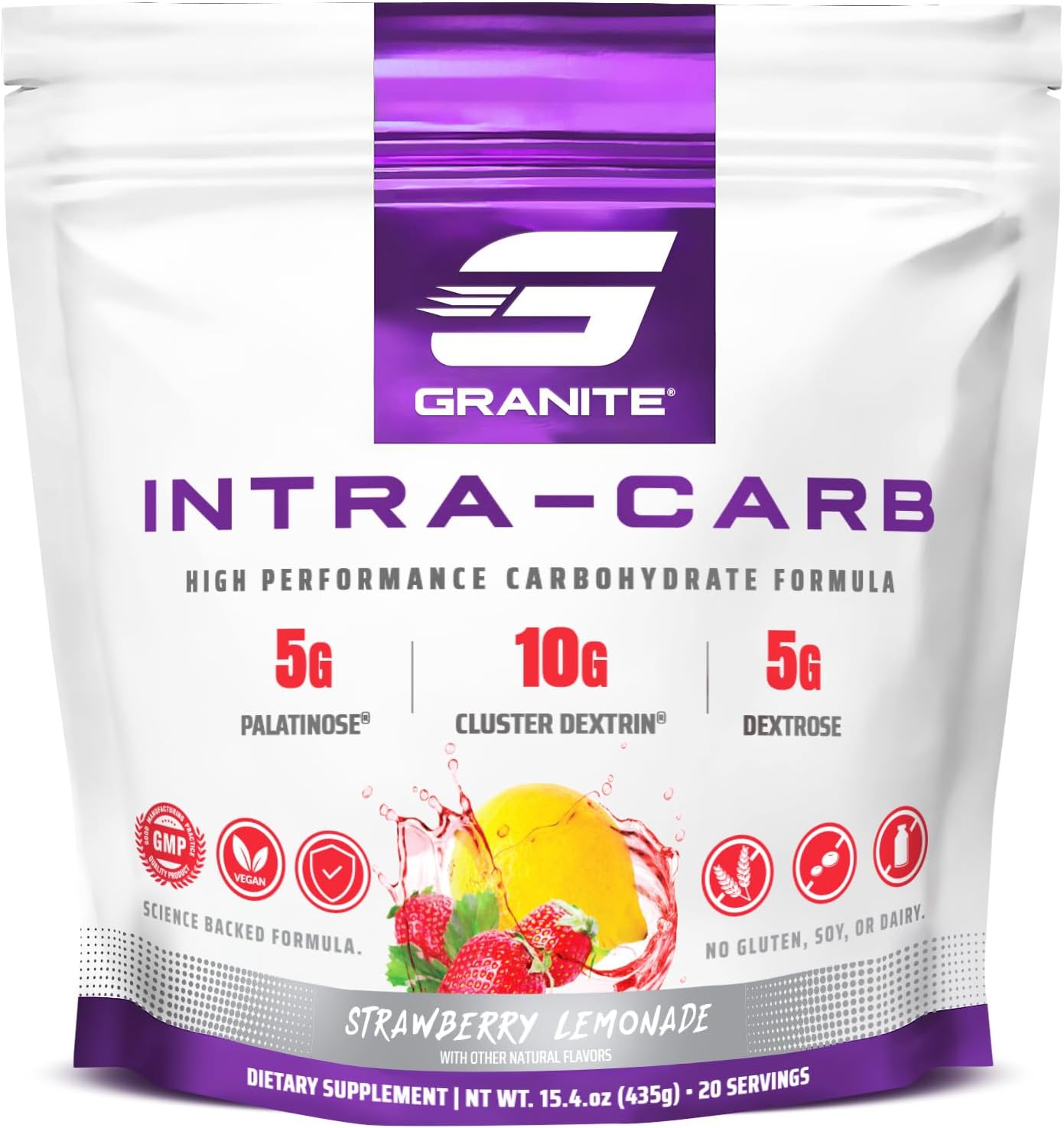 Granite Intra Carb Powder, Strawberry Lemonade Flavor, High-Performance Carbohydrate Blend with Cluster Dextrin, Palatinose, & Dextrose, Supports Energy and Training (20 Servings)