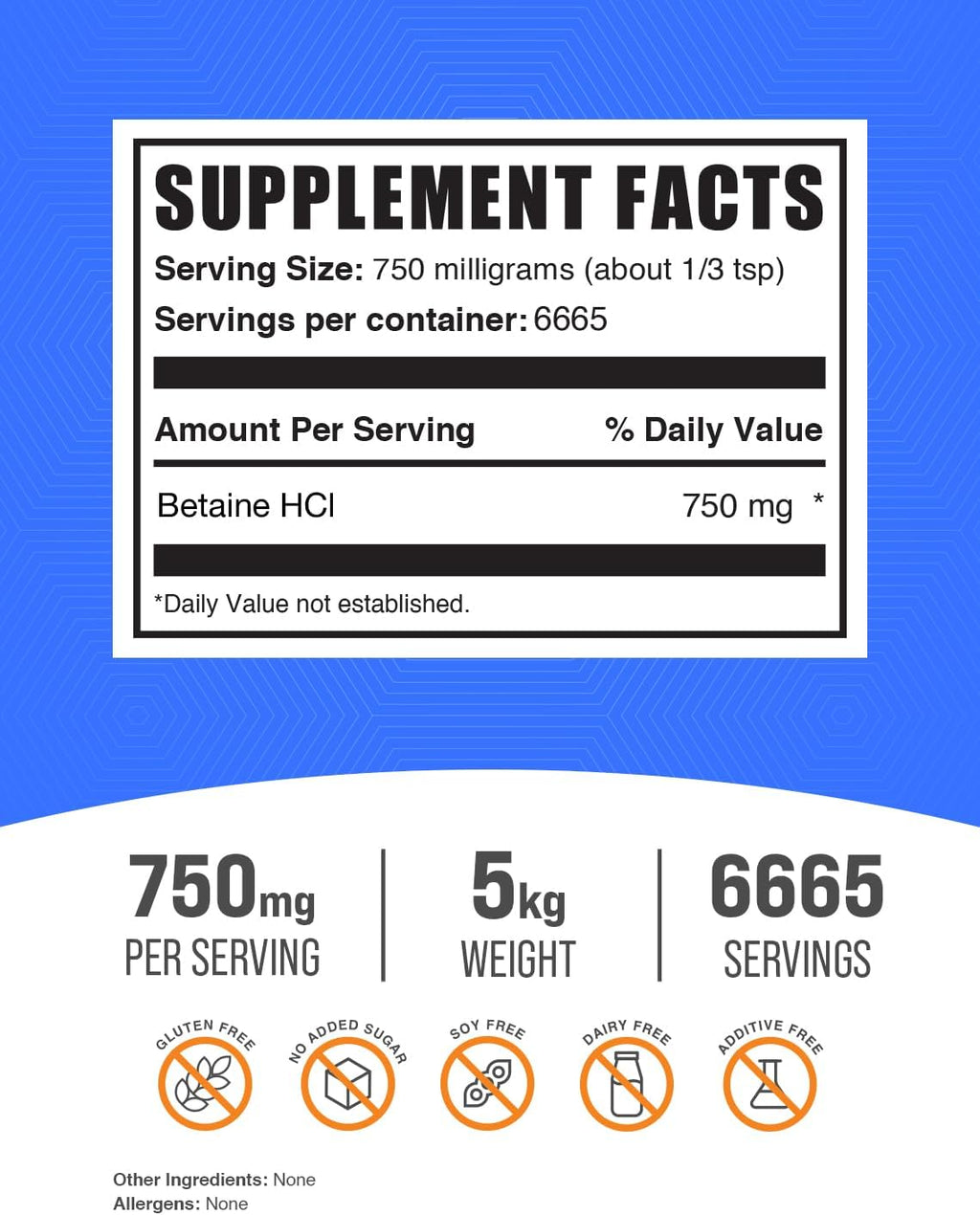 BulkSupplements.com Betaine HCl Powder - Betaine Hydrochloride Supplement, Betaine Powder - Betaine 750mg, Digestive Health Support - Gluten Free, 750mg per Serving, 5kg (11 lbs)