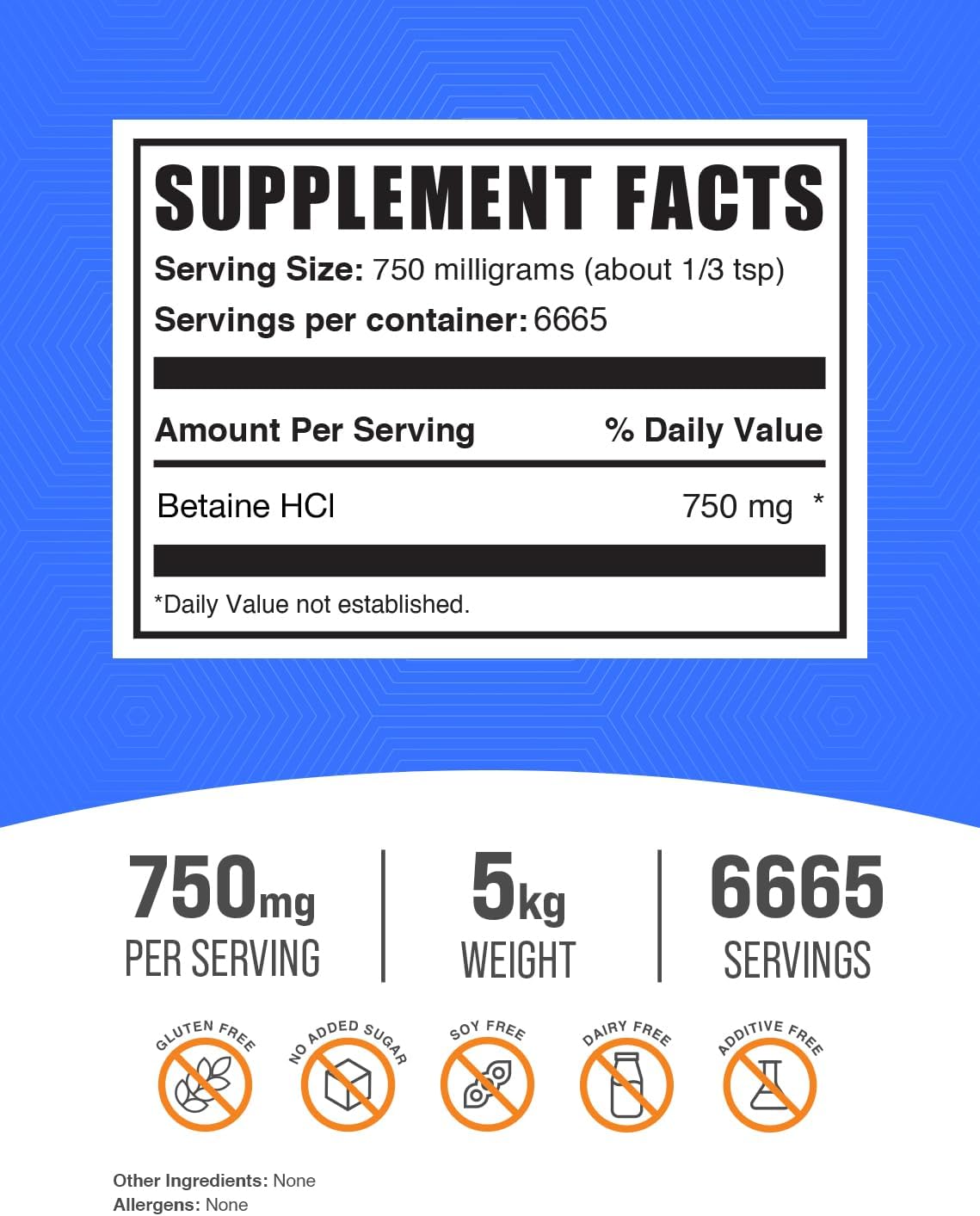 BulkSupplements.com Betaine HCl Powder - Betaine Hydrochloride Supplement, Betaine Powder - Betaine 750mg, Digestive Health Support - Gluten Free, 750mg per Serving, 5kg (11 lbs)