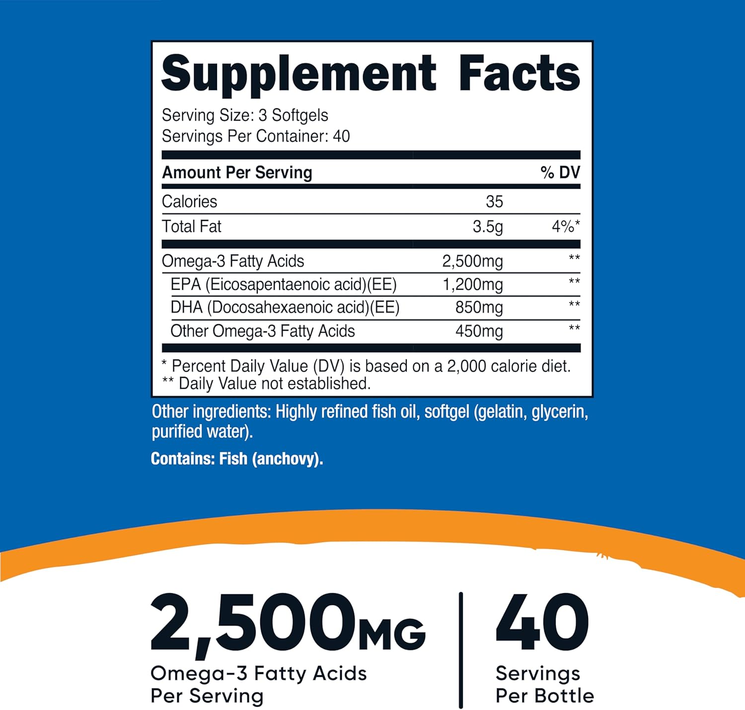 Nutricost Omega 3 Fish Oil - 2500MG, 120 Softgels (40 Serv) - Fish Oil, Wild Caught! 1200mg EPA 850mg DHA - Non-GMO, Gluten Free