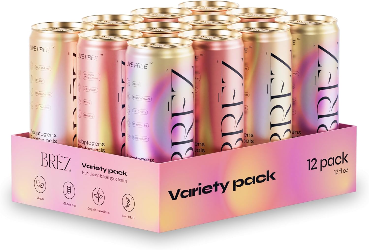 BRĒZ Mushroom Drink Variety Pack - Flow, Dream & Elevate - Lion’s Mane, Reishi, Cordyceps Mushrooms, Non-Infused, Adaptogen Tonics for Focus, Sleep, Mood & Energy, Vegan, 12 fl oz Cans (12 Pack)
