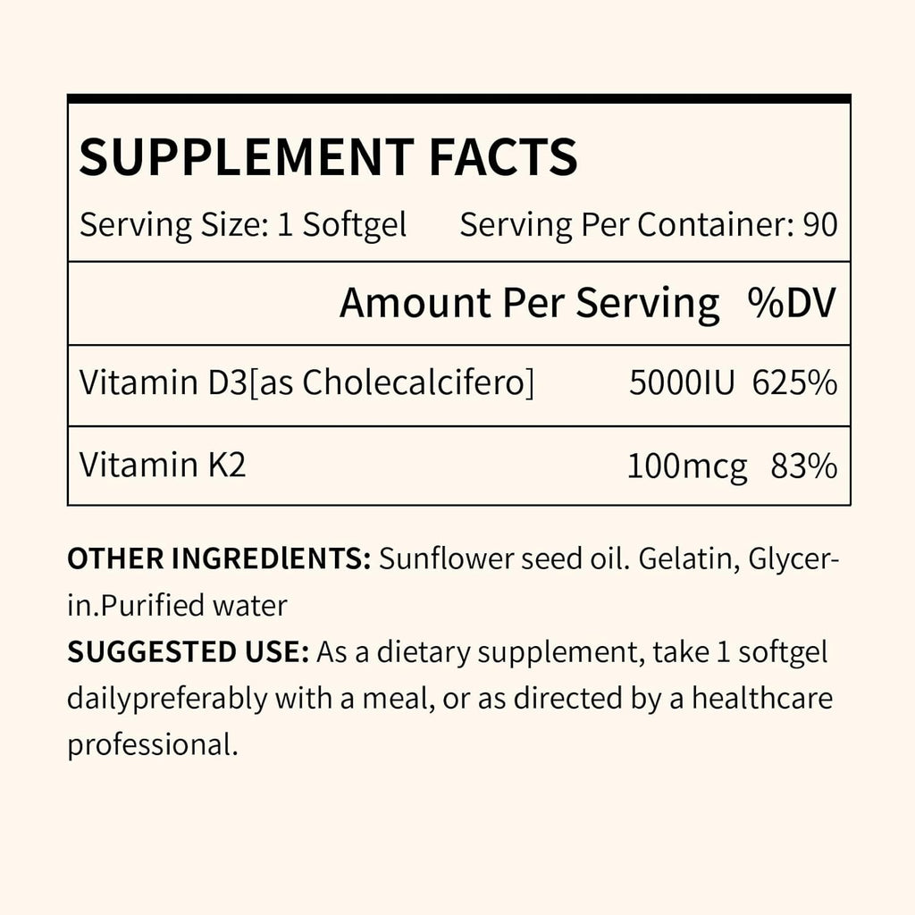 Vitamin D3 K2, 5000 IU D3 and 100 mcg K2 (MK-7), with Sunflower Oil Softgels, 90 Softgels, 2-in-1 Formula, Easy to Absorb and Swallow (1 Bottle)