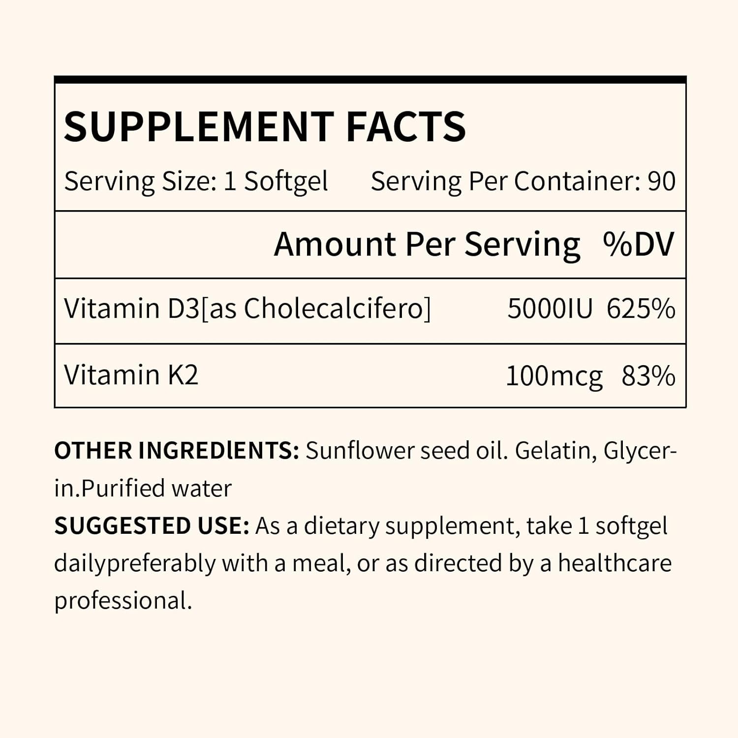 Vitamin D3 K2, 5000 IU D3 and 100 mcg K2 (MK-7), with Sunflower Oil Softgels, 90 Softgels, 2-in-1 Formula, Easy to Absorb and Swallow (1 Bottle)