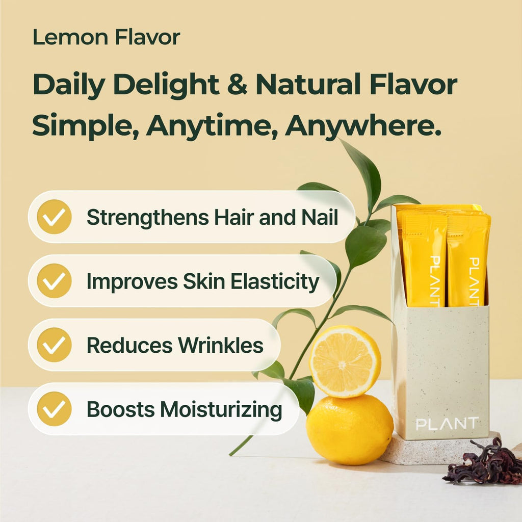 PLANT Vegan Liquid Collagen + Biotin + Niacin | 2,000mg Hydrolyzed Collagen Peptides | Kosher & Halal Certified| Lemon Flavor| Skin, Hair & Nail Support| 363Da Ultra Low Molecular |15 Stick Packs