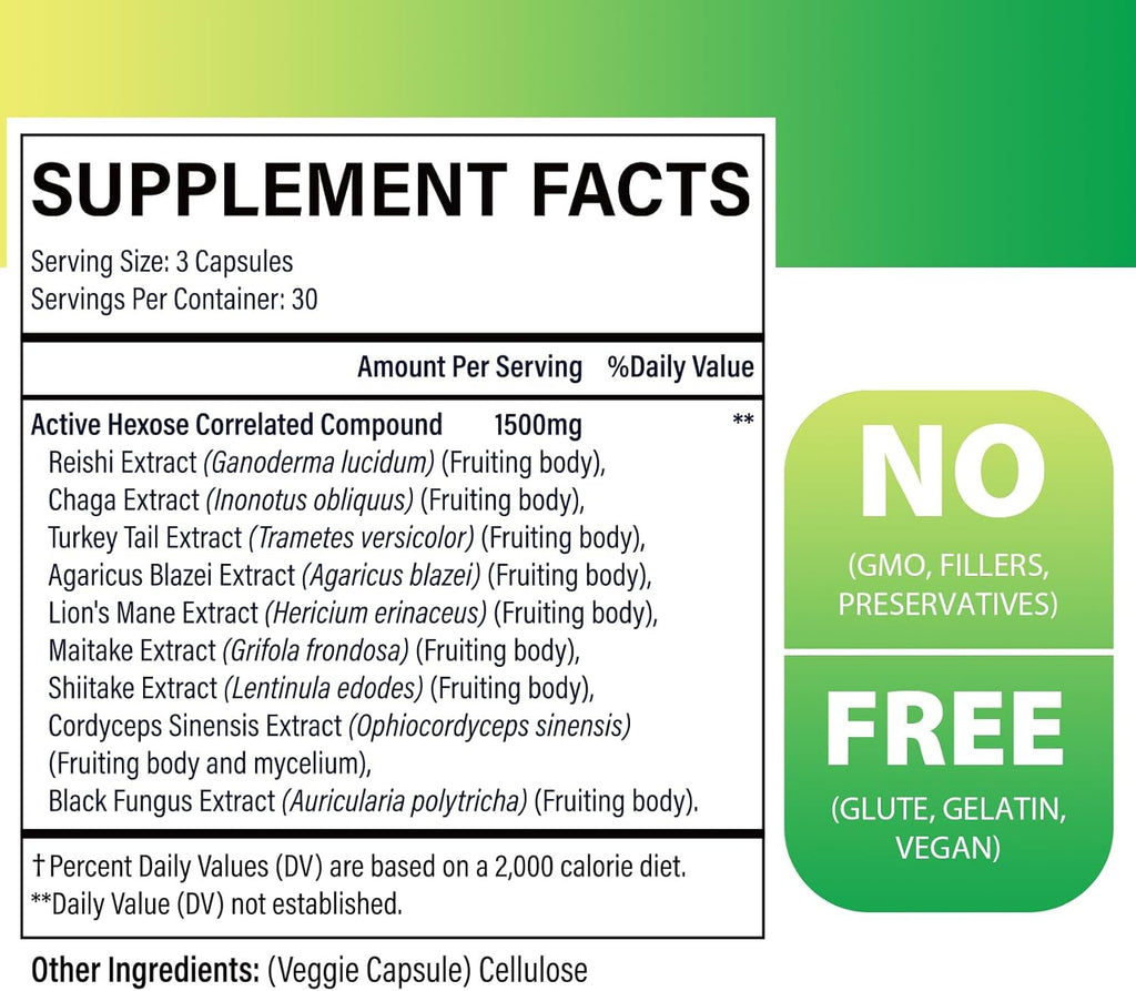 Active Hexose Correlated Compound 1500 mg Supplement, Natural 8 Mushroom Extract Supplement, Immune System, Liver Function, Natural Killer and T Cells Activity, 540 Veggie Capsules
