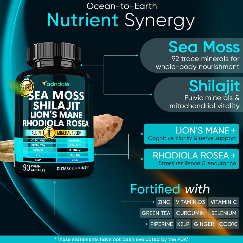 Adndale True Sea Moss Capsules. Shilajit for Men and Women Supplement with Lion's Mane, Rhodiola Rosea, CoQ10-90 Count