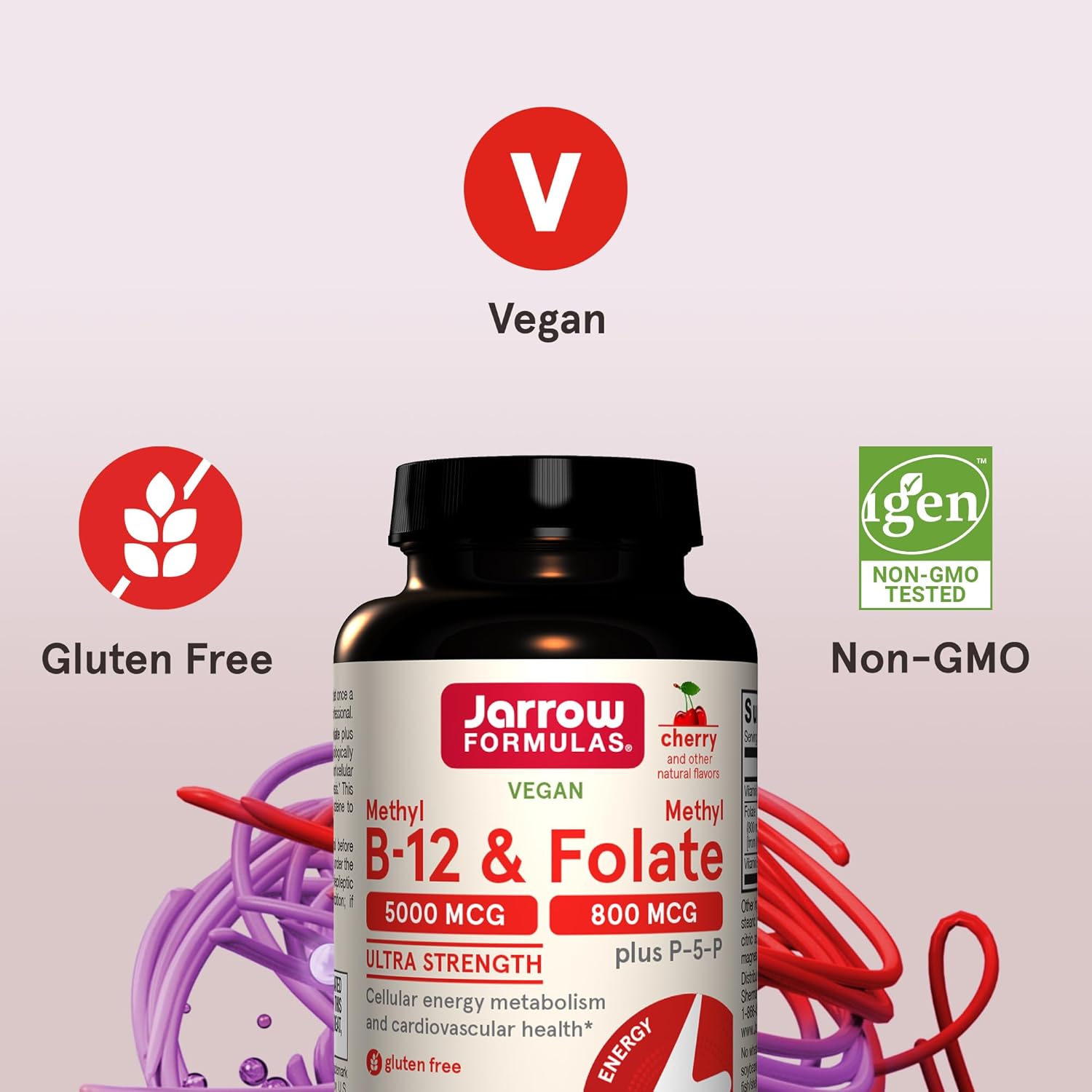 Jarrow Formulas Ultra Strength Methyl B-12 5000 mcg & Methyl Folate 800 mcg + P-5-P, Supplement for Cellular Energy Metabolism and Cardiovascular Support, 60 Chewable Tablets, 60 Day Supply, 12 Packs