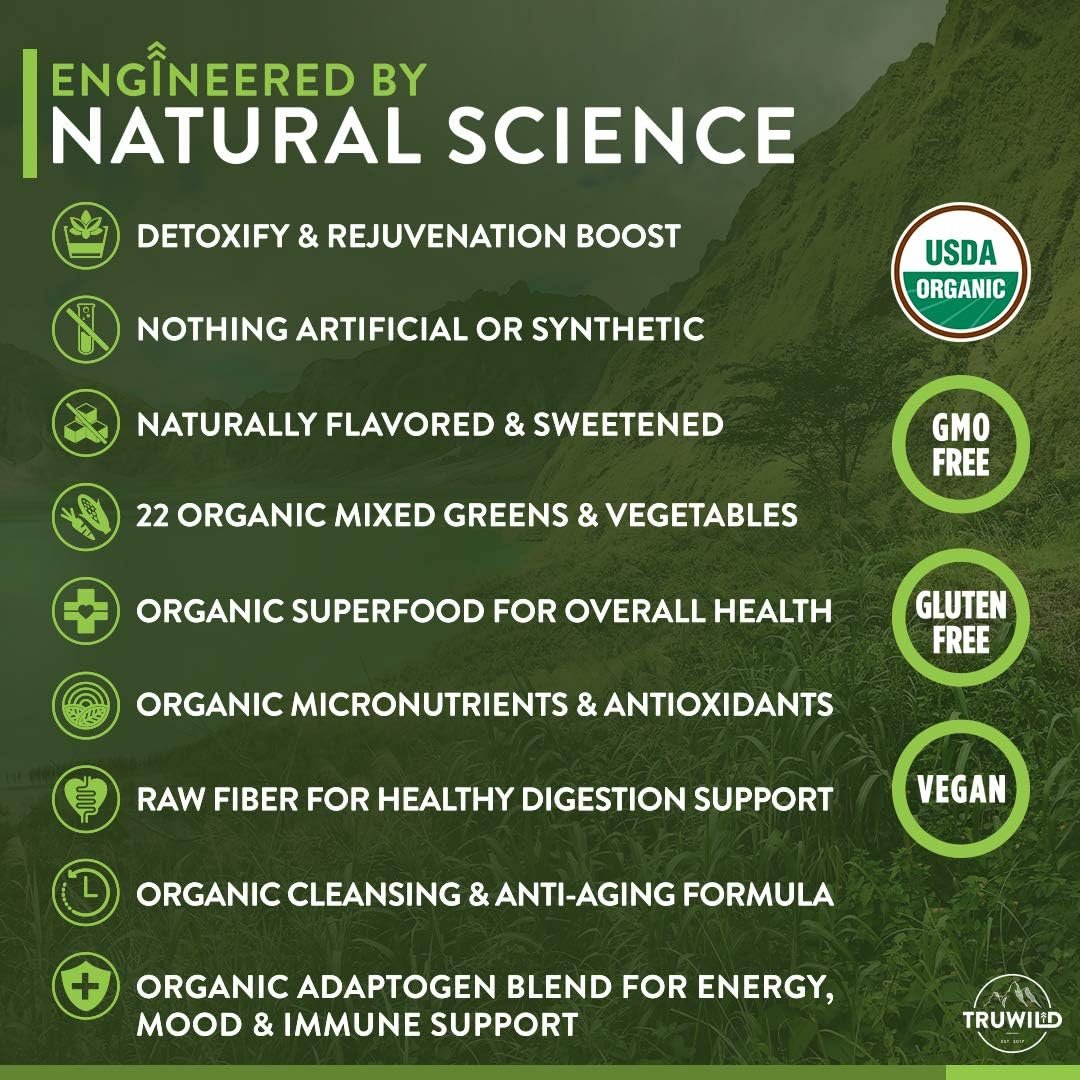 TruWild Greens Superfood Juice Powder, with 22+ Greens & Anti-Oxidants, Green Juice Powder, Natural Immune, Stress, Digestion Support, 40 Servings, 2 Pack