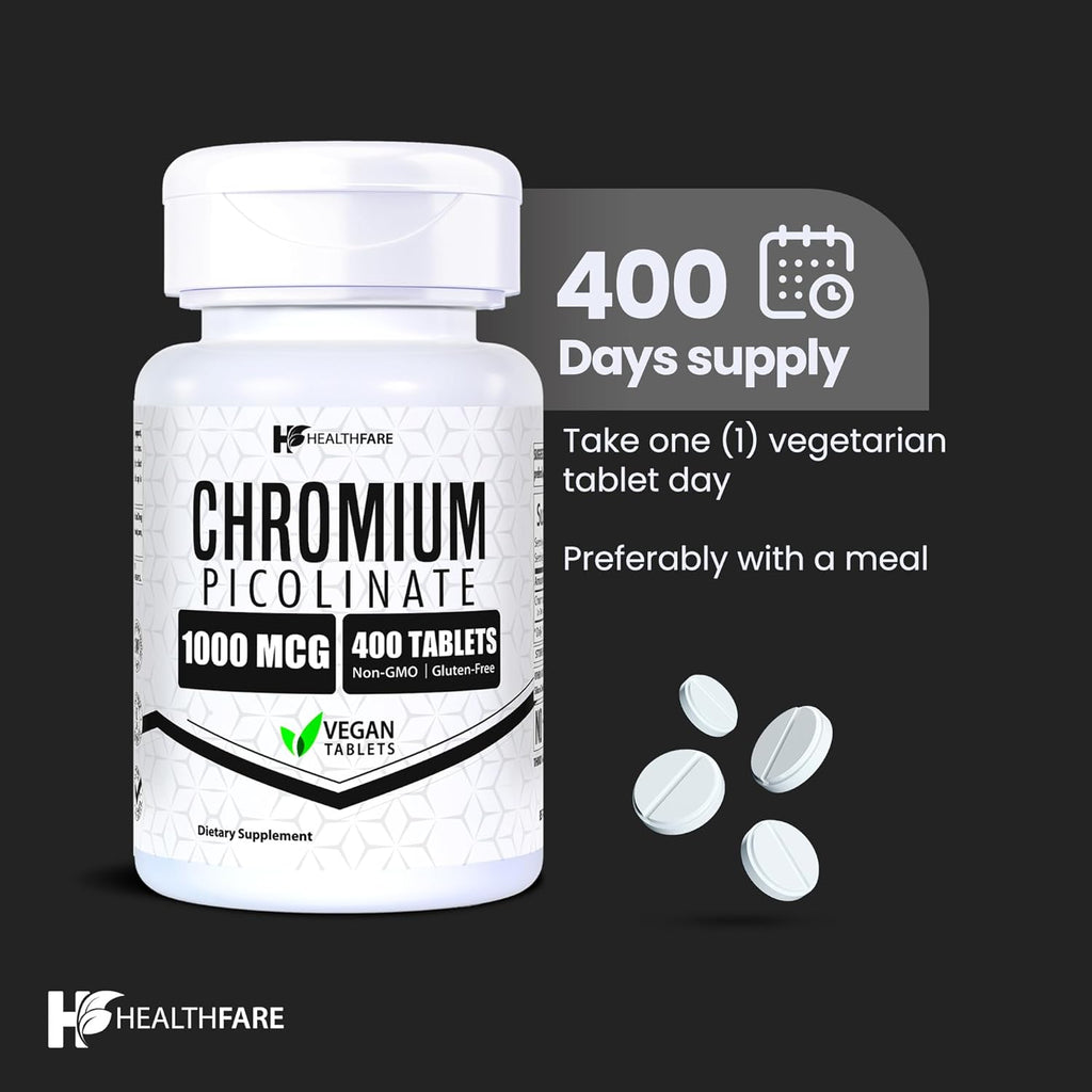 Chromium Picolinate 1000mcg | 400 Tablets | Gluten-Free | Non-GMO | Made in USA
