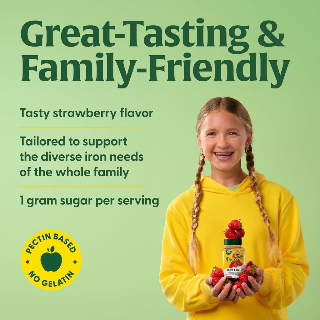MegaFood Iron Energy Gummies, Iron Supplement for Women, Men, Teens & Kids with Vitamin B12 & B6, Vitamins, from The Makers of Blood Builder Supplement, Strawberry Flavor, 60 Count