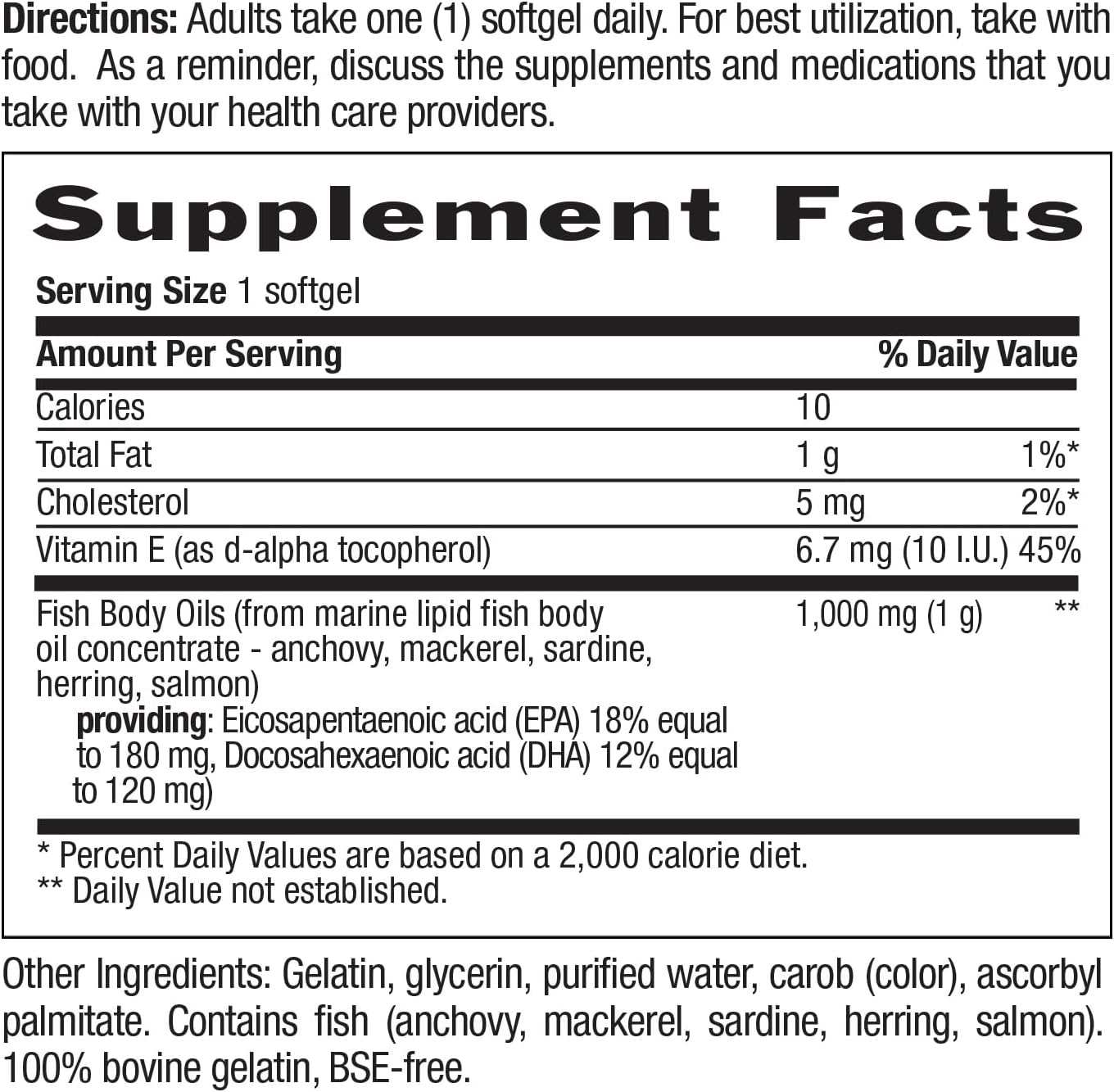 Country Life Omega-3 Fish Oil Supplement, 10000mg,180mg EPA & 120mg DHA, Fish Oil Concentrate, Burpless, 50 Softgels, Certified Gluten Free