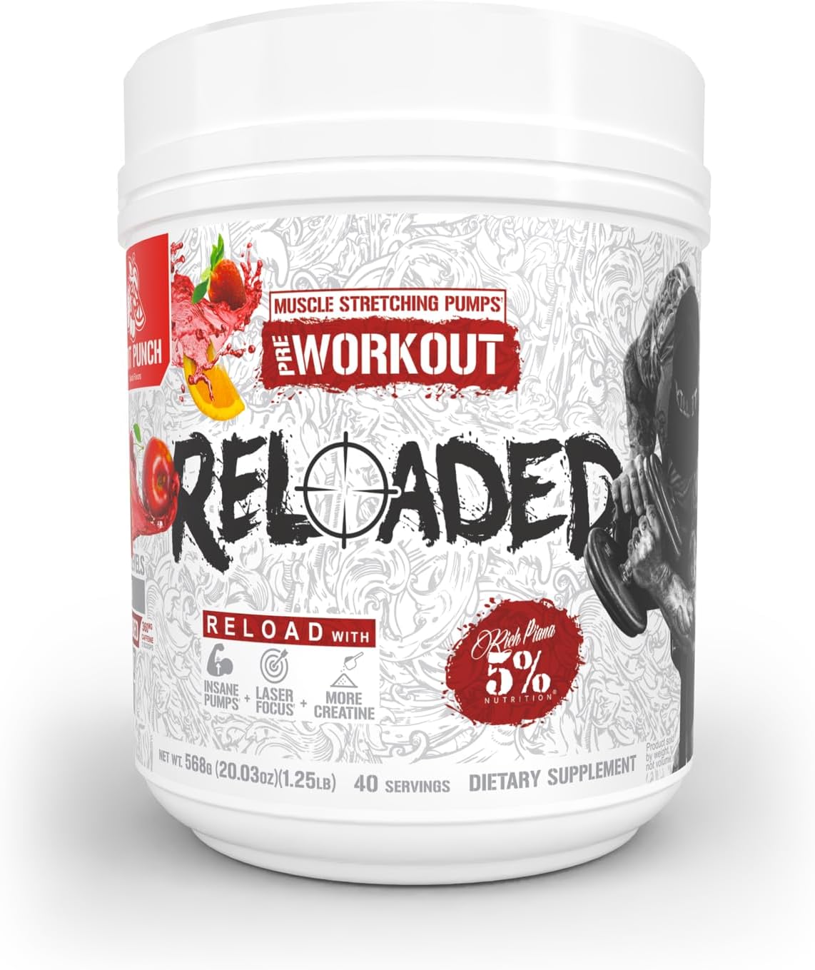 5% Nutrition Rich Piana Reloaded High Stim Pre-Workout | Ultra Energy, Focus, Pumps, Power & Endurance | Citrulline, GlycerSize, Nitrosigine, Creatine, Choline, Huperzine A (Fruit Punch)