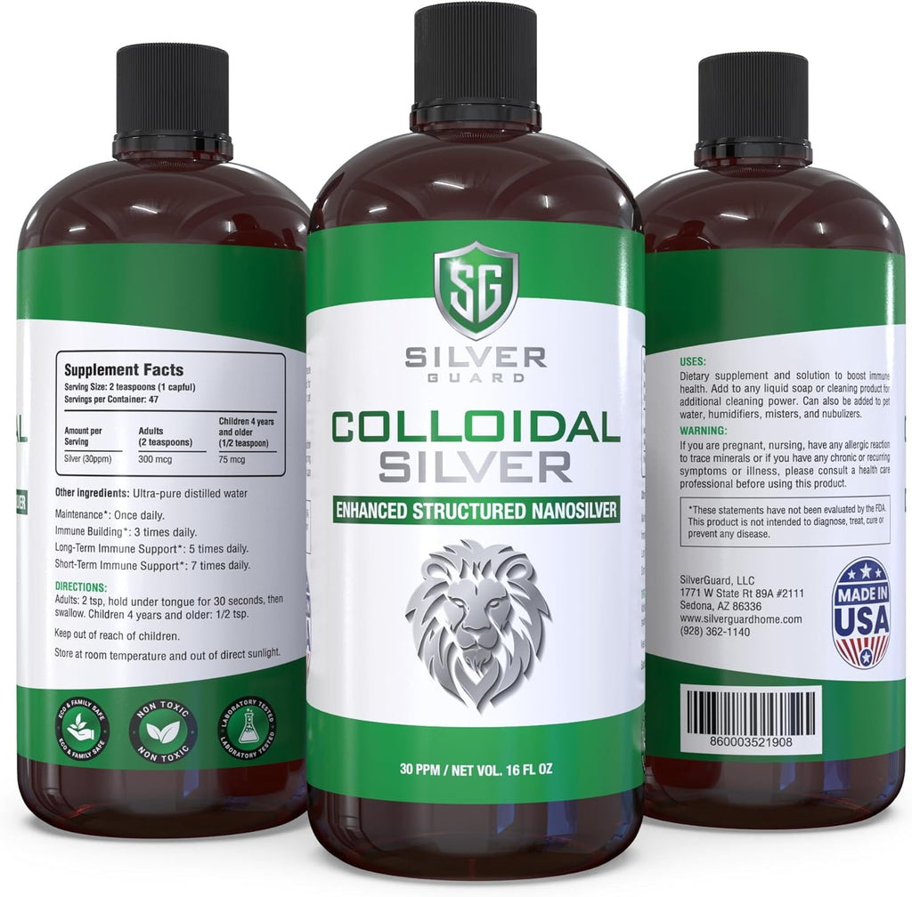 Enhanced Colloidal Silver Liquid Immune Support Supplement—30ppm Pure & Natural Structured Silver Water—Organic Colloidal Silver Solution—16 oz Bottle (1 Pack)