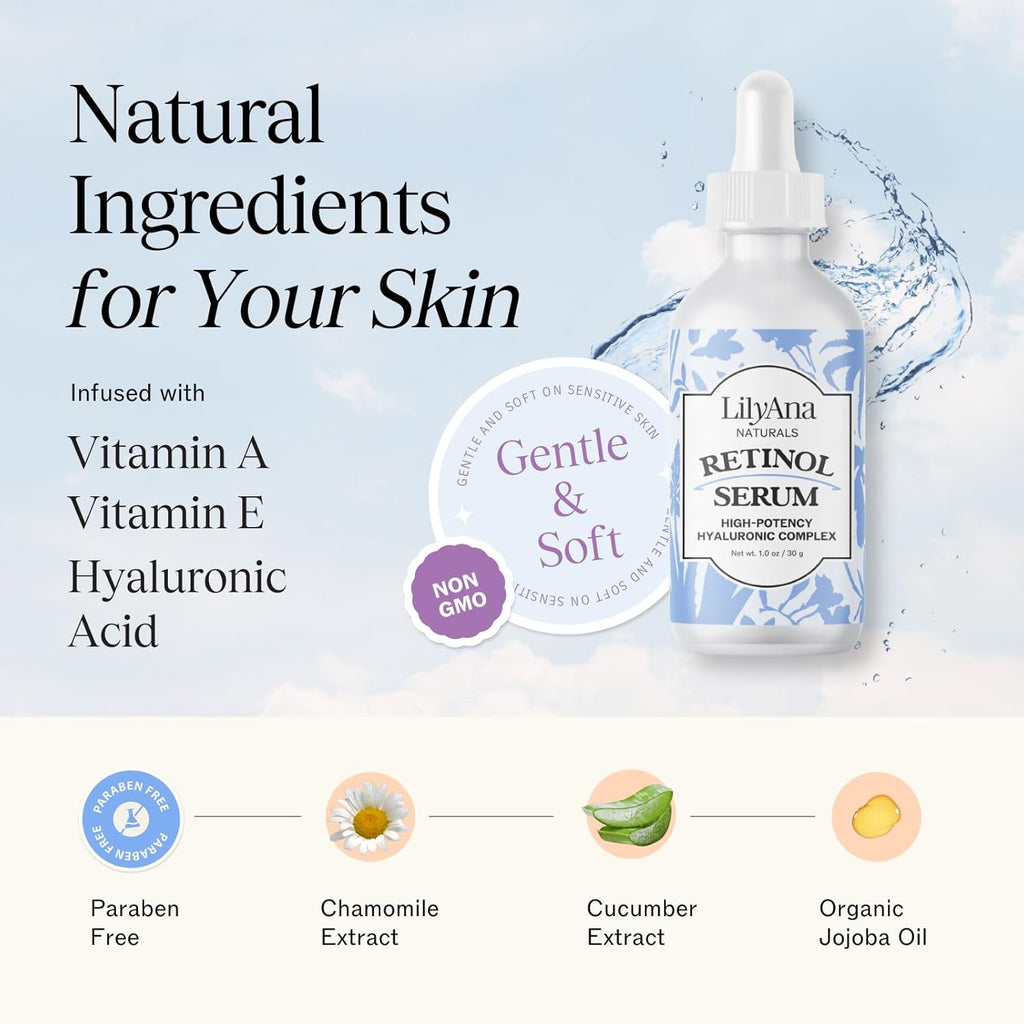 LilyAna Naturals Retinol Serum - Made in USA, Anti Aging Face Serum with Hyaluronic Acid and Vitamin E, Reduces Age Spots and Sun Damage, Promotes Collagen and Elastin (Retinol, 1oz)