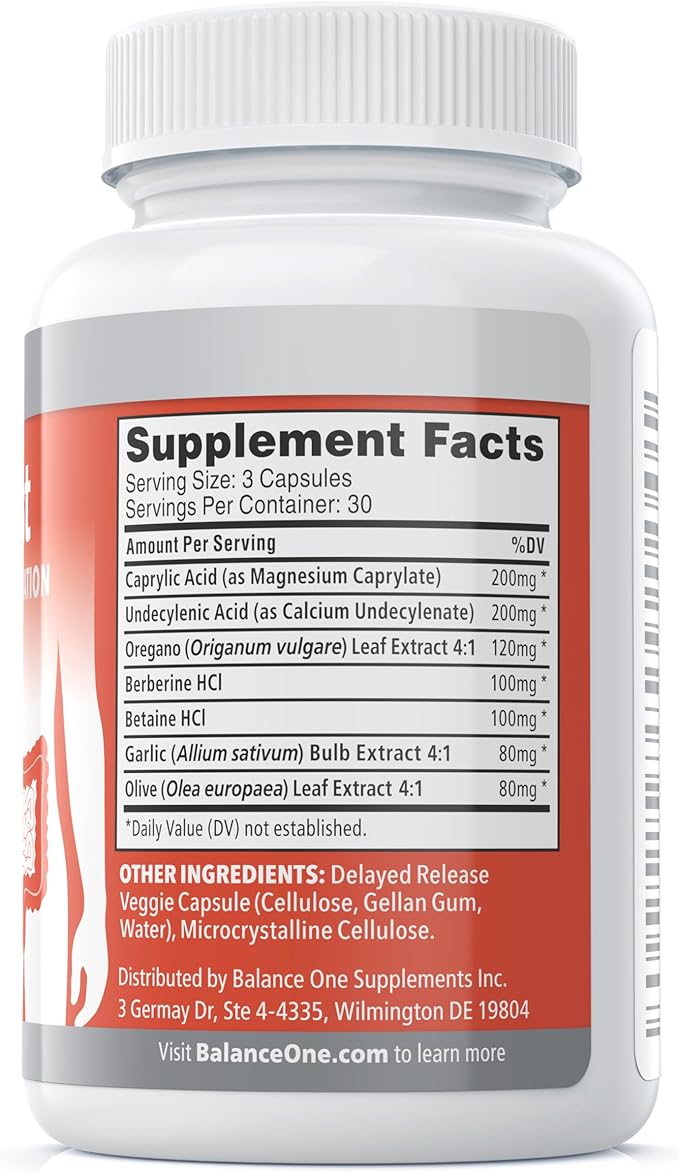 Balance ONE Candida Cleanse & Yeast Support Complex – Caprylic Acid, Undecylenic Acid, Berberine & Oregano Leaf – Gut Flora Balance for Women & Men – 90 Delayed Release Capsules – CandAssist