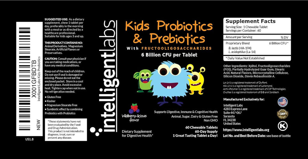 Intelligent Labs 6 Billion CFU Kids/Children's Probiotics with Prebiotics, Sunfiber and FOS, for 10x More Effectiveness, One A Day Great Taste Chewable Probiotic, 60-Day Supply, Third-Party Verified