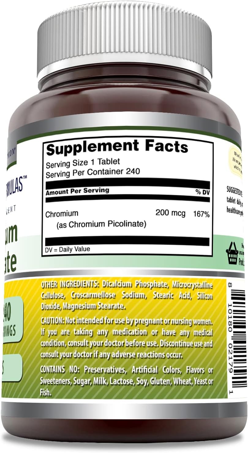 Amazing Formulas Chromium Picolinate Supplement | 200 Mcg Per Serving | Tablets | Non-GMO | Gluten Free | Made in USA (240 Count)