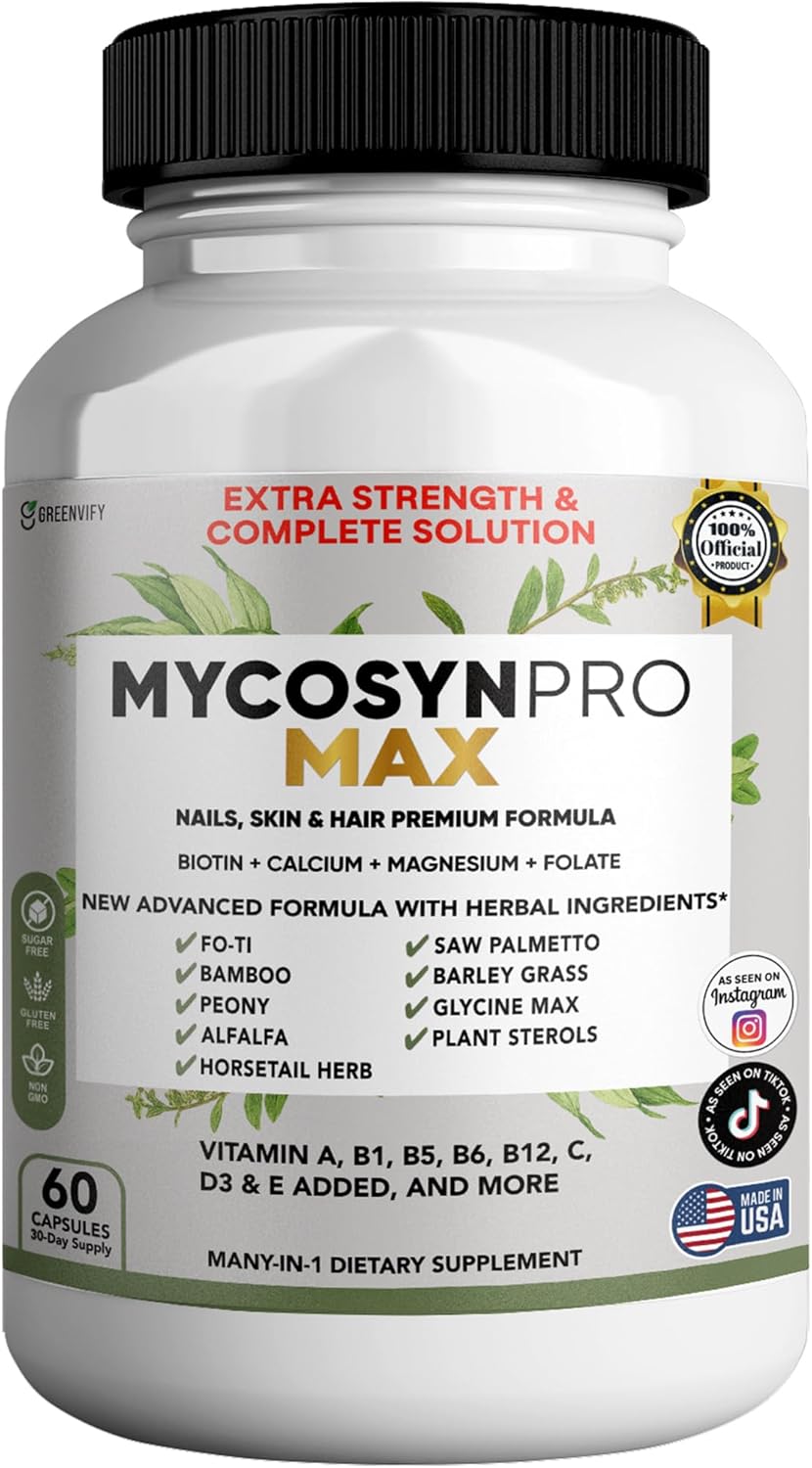 Mycosyn Pro Max Hair Skin Nails Supplement, 60 Capsules, 30 Day Supply, with Biotin 5000mcg, Vitamins A B C D E, Minerals (1)