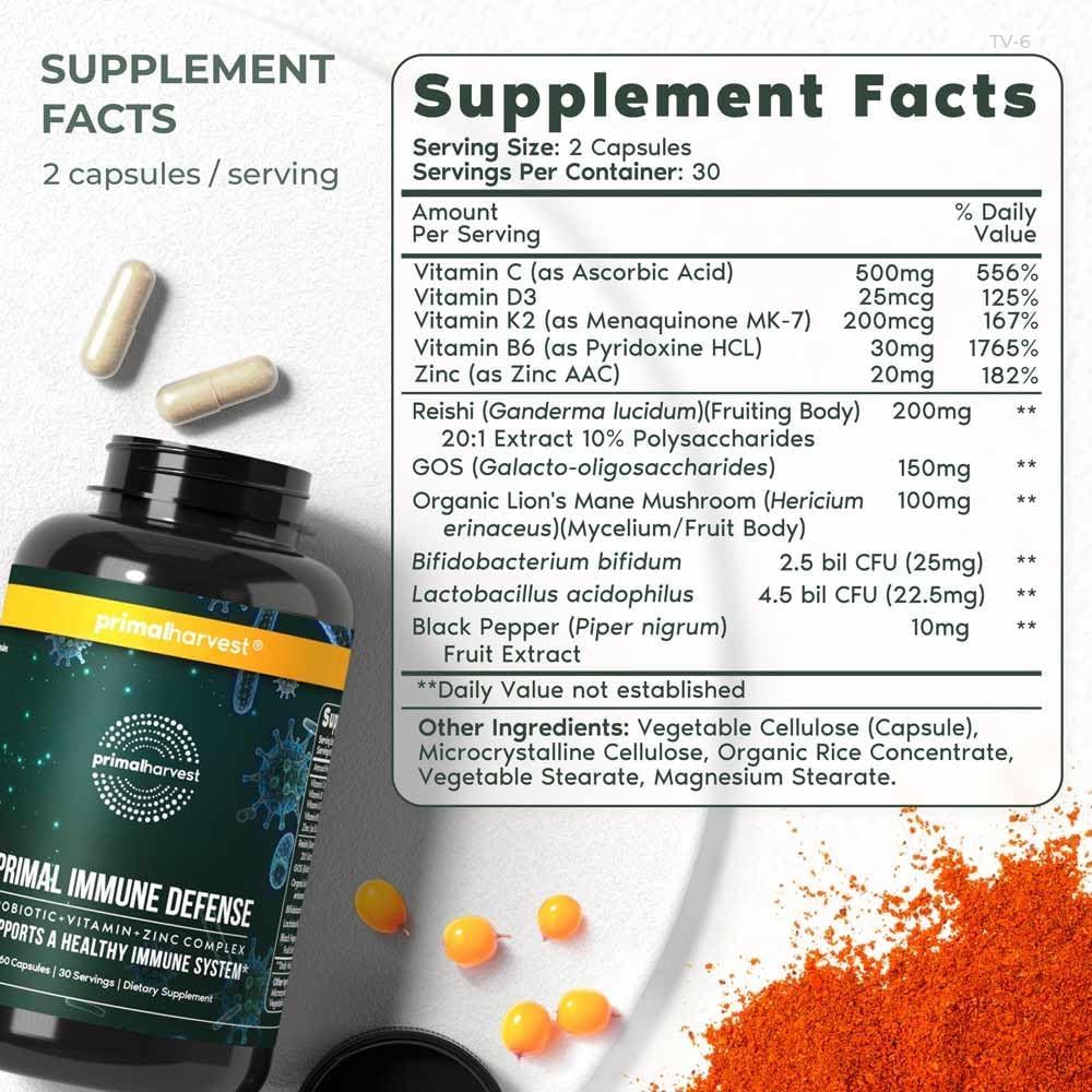 Primal Harvest Primal Immune Defense: 10-in-1 Immune Support with Probiotics, Zinc, Vitamins C, B6, D3 & K2, Immune Booster for Adults 60 Capsules (2-Pack)