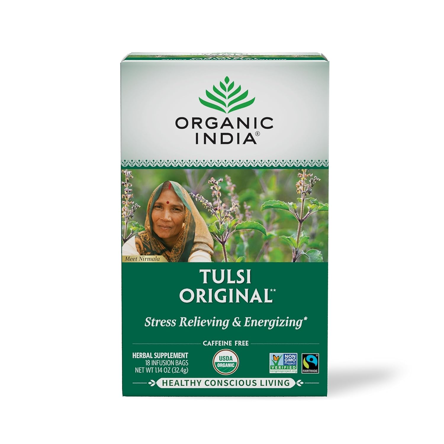 Organic India Tulsi Original Herbal Tea - Holy Basil, Stress Relieving & Energizing, Immune Support, Adaptogen, Vegan, USDA Certified Organic, Non-GMO, Caffeine-Free - 18 Infusion Bags, 1 Pack