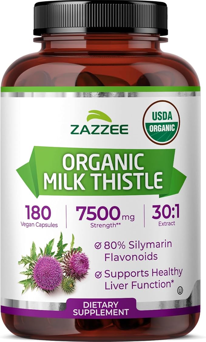 Zazzee USDA Organic Milk Thistle 30:1 Extract, 7500 mg Strength, 180 Vegan Capsules, 80% Silymarin Flavonoids, Healthy Liver Detox & Cleanse Support, 100% Vegetarian, Non-GMO, Made in The USA