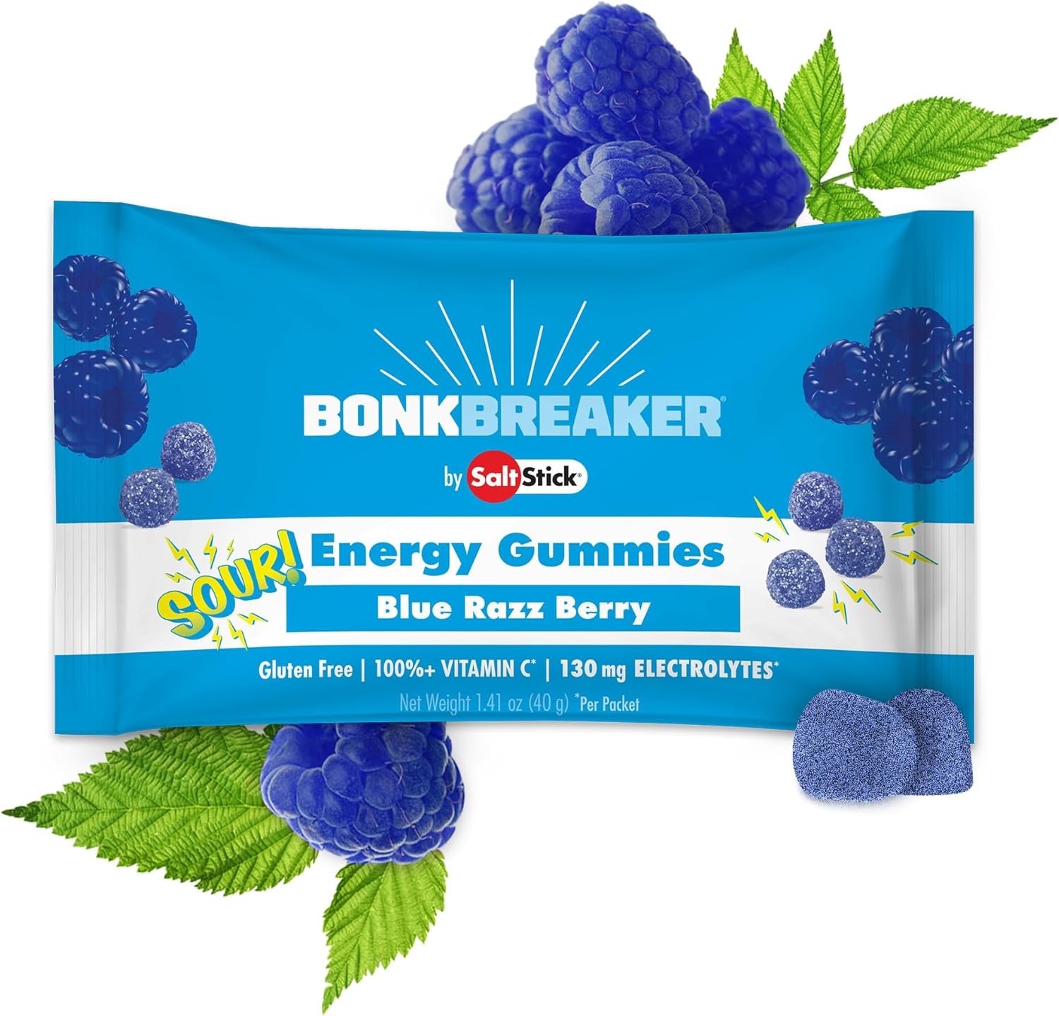 SaltStick Energy Gummies with Electrolytes, 10 Packs of Sour Blue Razz, Easy to Chew Electrolyte Gummy, Energy Chews That Taste Great. 10 Packs, 80 Gummies