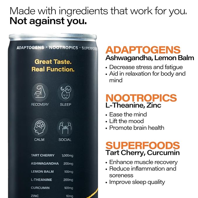 Peak Cocktails Non-Alcoholic Cocktail | Mixologist-made | Adaptogens, Nootropics, Superfoods for Recovery, Calm, Sleep | Ashwagandha, Tart Cherry, L-Theanine | Passion Fruit Margarita | 8.4oz, 24-Pack
