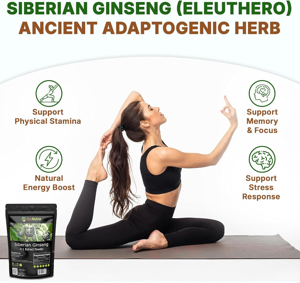 Go Nutra Siberian Ginseng - Eleuthero Root Powder | 4:1 Extract 4X Times Stronger | Supports Energy & Stamina | Natural & Adaptogenic | Eleutherococcus Senticosus | Non-GMO | 1lb (16 Ounce)