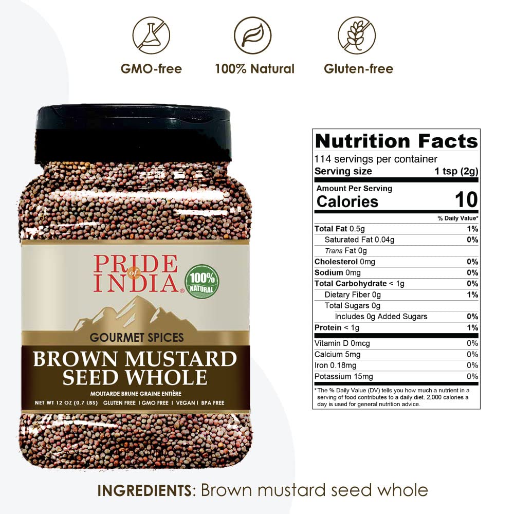 Pride Of India - PACK of 6 - Brown Mustard Seed Whole – Gourmet Indian Spice – Hot & Spicy Flavor – Ideal Seasoning for sauces/dips/Spice Blends – Easy to Store – 12 oz. Medium Dual Sifter Bottle