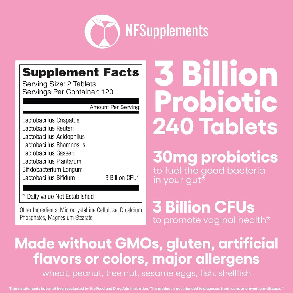 Probiotics for Women Supplement Supports Vaginal & Digestive Health 240 Tablets 3 Billion CFU (240, Women's Probiotics)