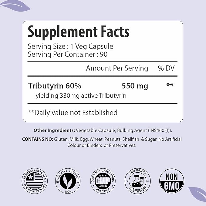 Tributyrin Supplement 550mg, Advanced Butyrate Form for Gut Health, 60% Standardized, More Effective Delivery Than Sodium Butyrate, 90 Capsules, Non-GMO & Gluten Free Postbiotic Supplement