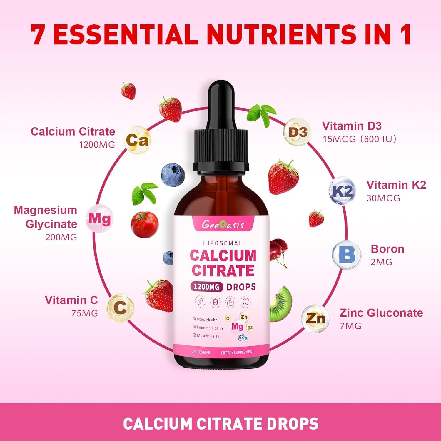 Liposomal Liquid Calcium Citrate Drops 1200MG, Liquid Calcium Magnesium Zinc Supplement for Women & Kids, with Vitamin C, D3 & K2, Boron, Bone & Muscle Health, Immune & Overall Support, 2 Fl Oz