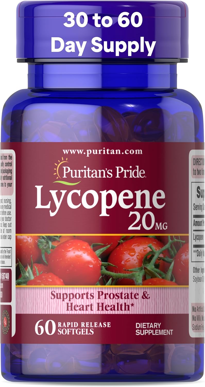 Puritan's Pride Premium Lycopene 20mg, Dietary Supplement for Prostate, Antioxidant, Heart Health, and Overall Health Support, 1 Month Supply, 60 Rapid Release Softgels