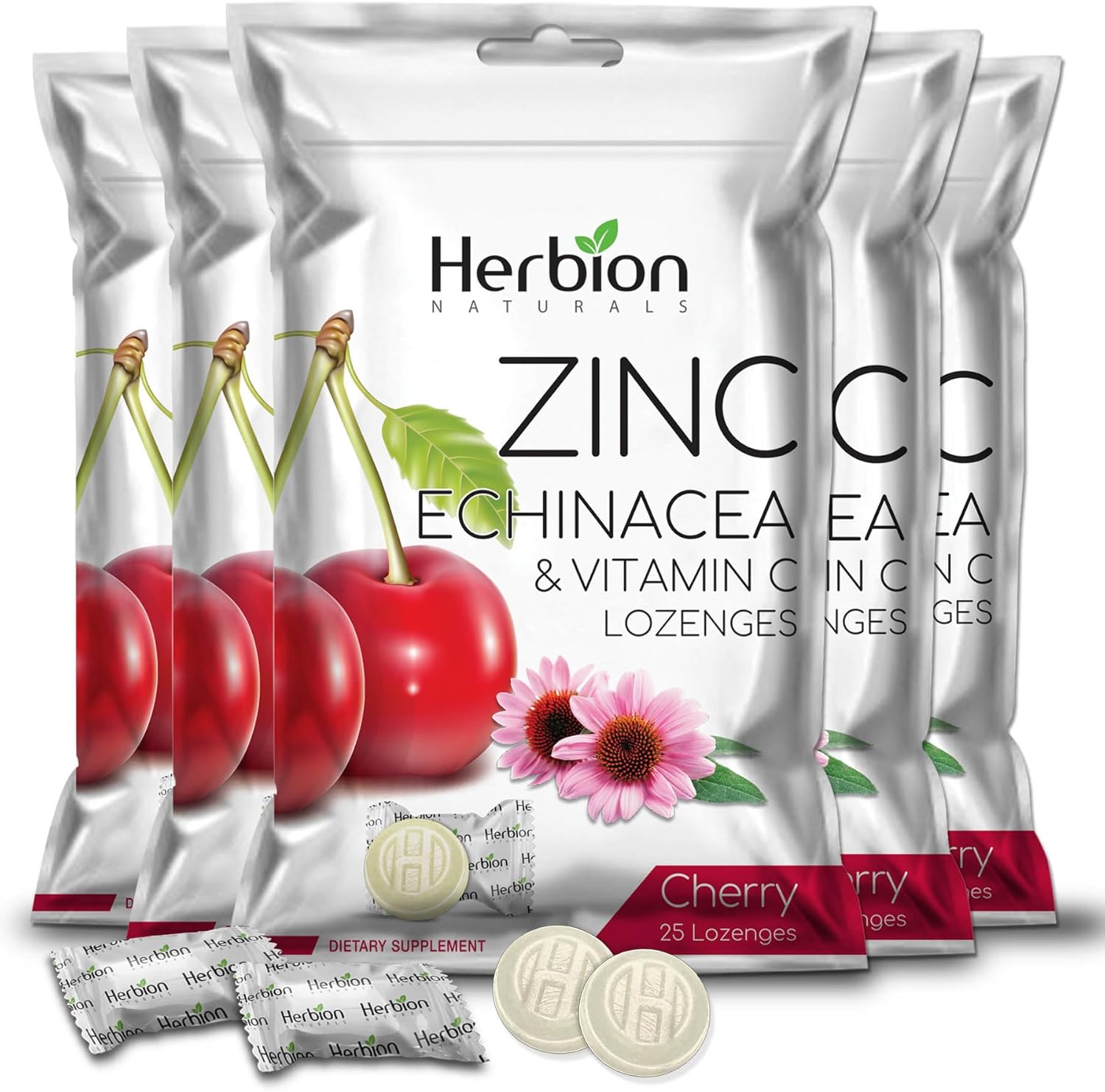 HERBION Naturals Zinc, Echinacea & Vitamin C Lozenges with Cherry Flavor, 25 CT - Dietary Supplement for Adults & Children 5+ - Promotes Wellness for The Whole Family - (Pack of 5) (125 Lozenges)