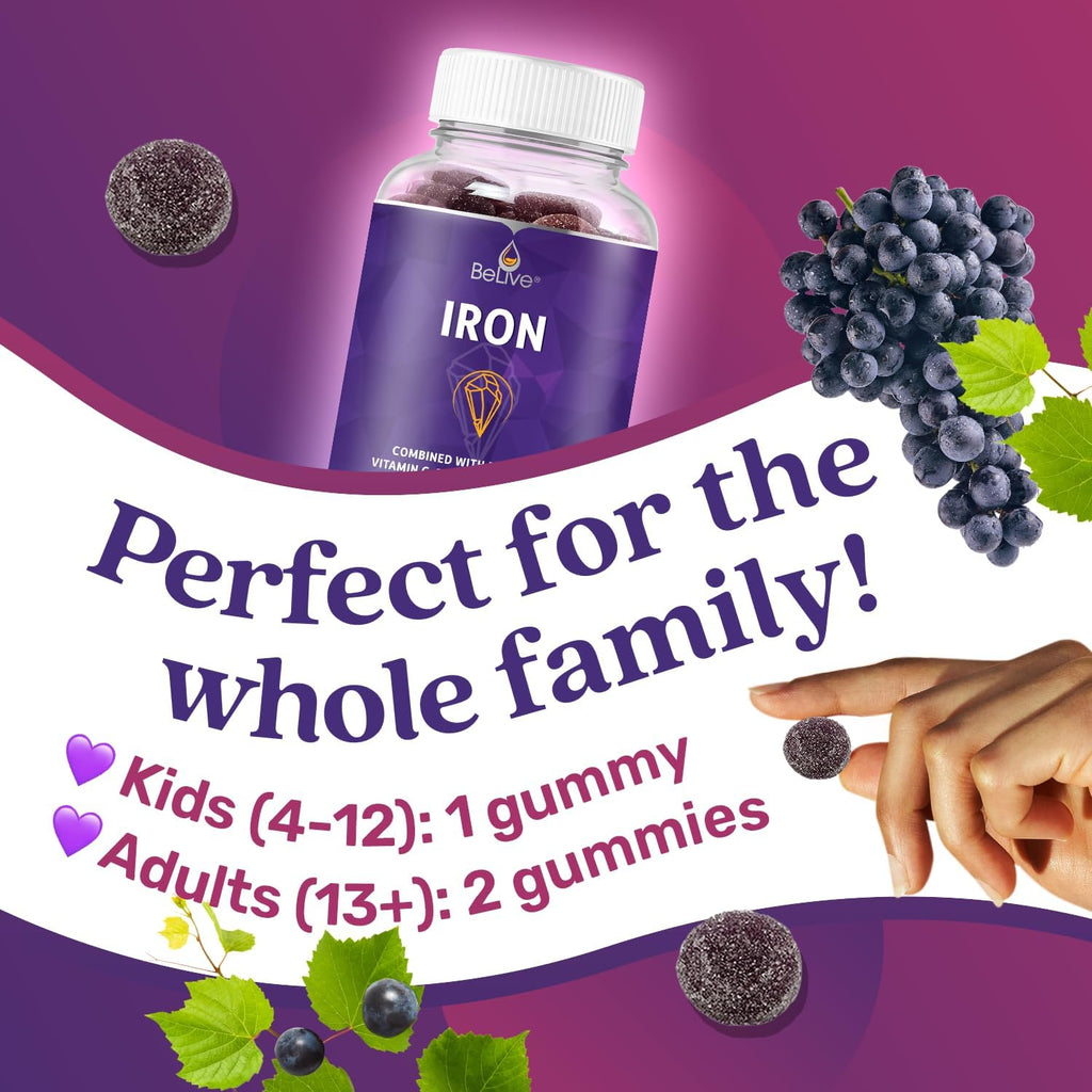 BeLive Iron Gummies - Multivitamin Iron Supplement with Vitamin C, A, B & Zinc, Supports Blood Oxygen, Vegan Supplements for Women, Men & Kids for Growth and Development - Grape Flavor | 2-Pack
