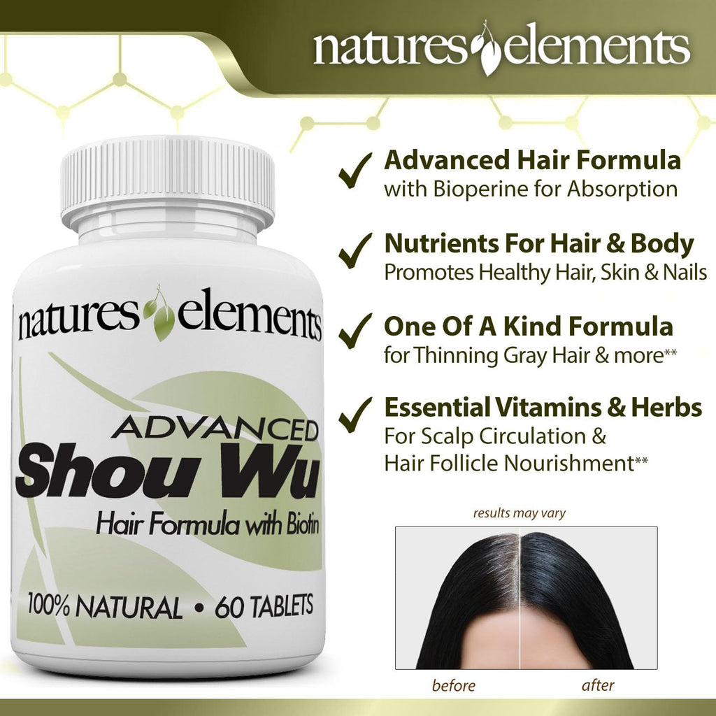 Natures Elements Advanced Shou Wu for Gray Hair – Prepared He Shou Wu for Hair Growth with Biotin, Bioperine, Fo-Ti Root & More – 100% Natural – 60 Tablets – Non-GMO, Gluten-Free