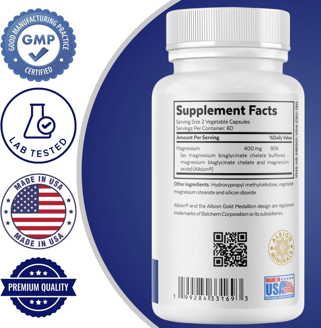 Magnesium Bisglycinate Complex 400mg – Albion TRAACS Chelated Magnesium for Maximum Absorption – Gentle on Stomach, Highly Bioavailable Magnesium Supplement – 120 Capsules