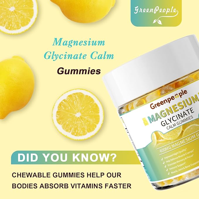 GREENPEOPLE Magnesium Glycinate Gummies 400mg - Sugar Free Magnesium Supplement with Magnesio Citrate, Vitamin D, and B6 for Calm Support & Sleep for Adults - High Absorption - Lemon Gummies