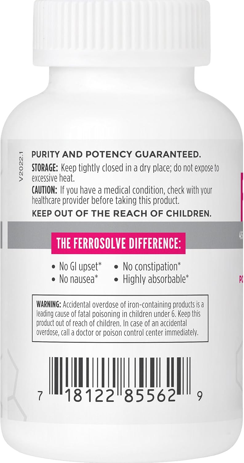 FerroSolve, Best Absorption Iron Supplement 45 mg | High Potency | GI Safe | 30ct Veggie Capsules