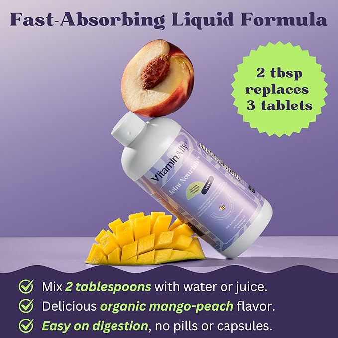 Joint Nourish – 100% Vegan Liquid Joint Supplement | Vegan Glucosamine, Chondroitin, MSM, Hyaluronic Acid & Vitamin C | Mango-Peach | Supports Joint Mobility, Cartilage & Skin | Sugar-Free,16 Servings