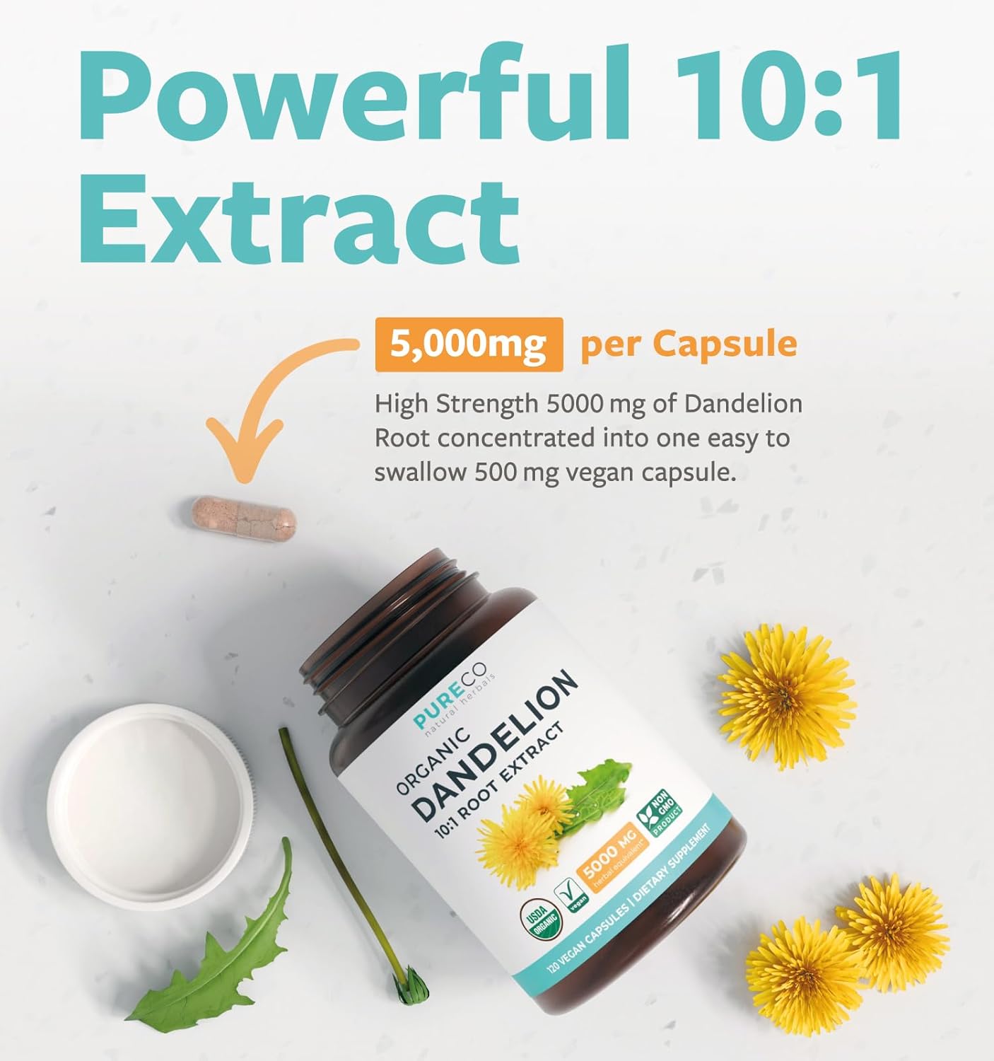 USDA Organic Dandelion Root Extract - High Potency 10:1 Dandelion Root Supplement with 5000mg Herbal Equivalent Strength for Liver Cleanse Detox & Repair Support - Vegan & Non-GMO (4 Month Supply)
