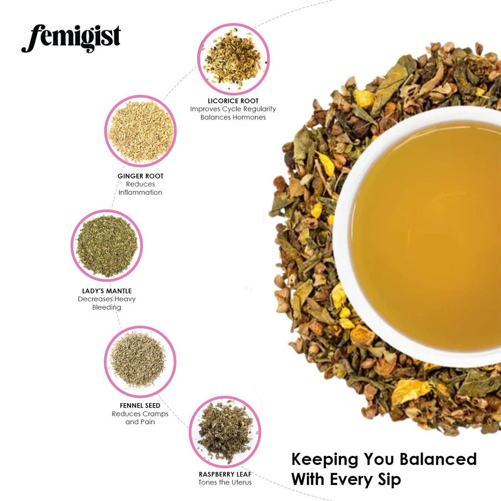 Femigist Balancing Brew Hormone Tea for Women, Loose Leaf Herbal Blend with Raspberry, Spearmint, Licorice, Nettle, PMS Relief, PCOS Cycle Support, Caffeine-Free Fennel Menstrual Cramp Tea