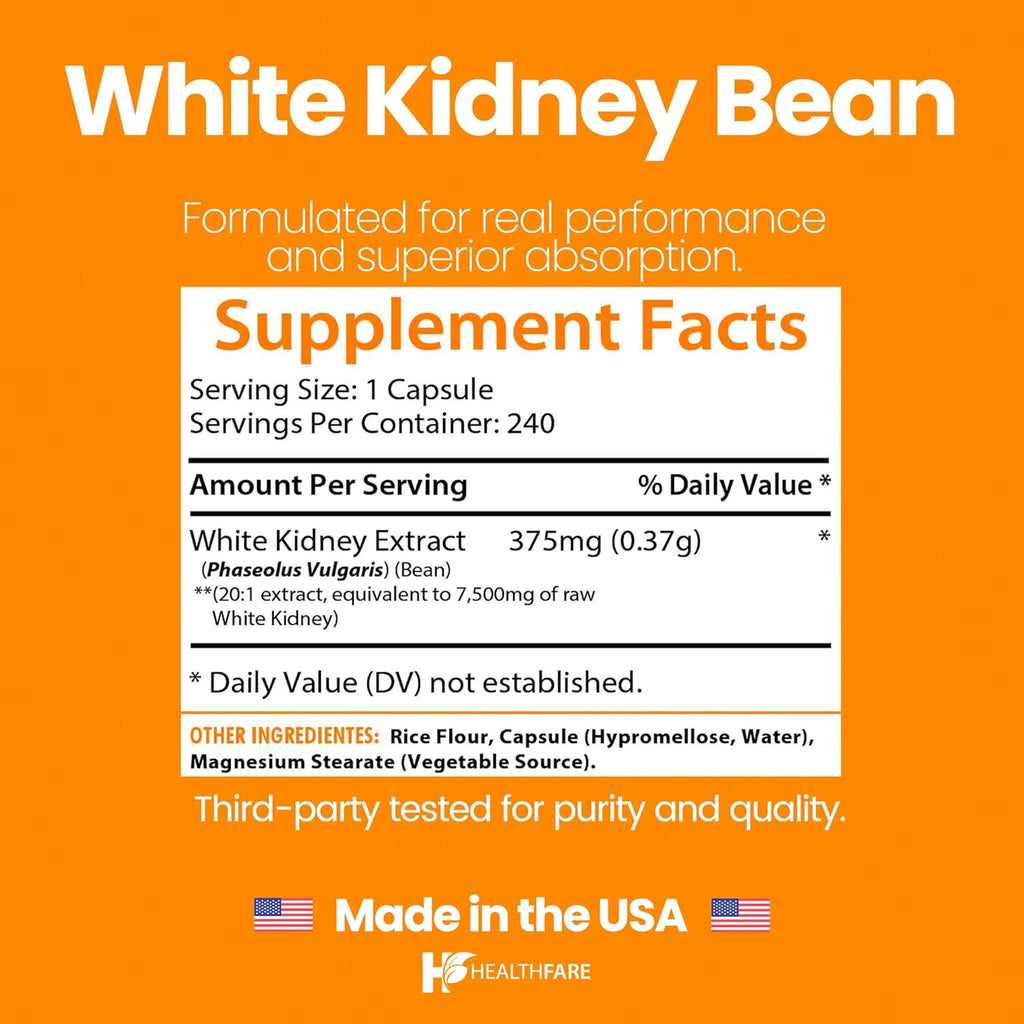 Healthfare White Kidney Bean Extract 7500mg | 240 Vegan Capsules | Extra Strength Concentrated Formula | Herbal Supplement for Carb & Digestion Support | Non-GMO, Gluten-Free | Made in USA