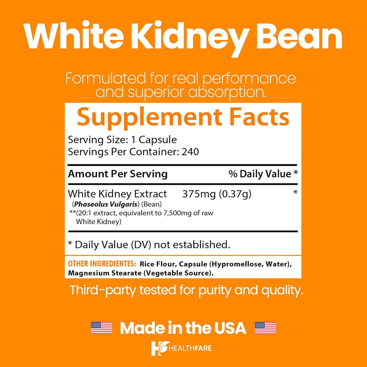 Healthfare White Kidney Bean Extract 7500mg | 240 Vegan Capsules | Extra Strength Concentrated Formula | Herbal Supplement for Carb & Digestion Support | Non-GMO, Gluten-Free | Made in USA