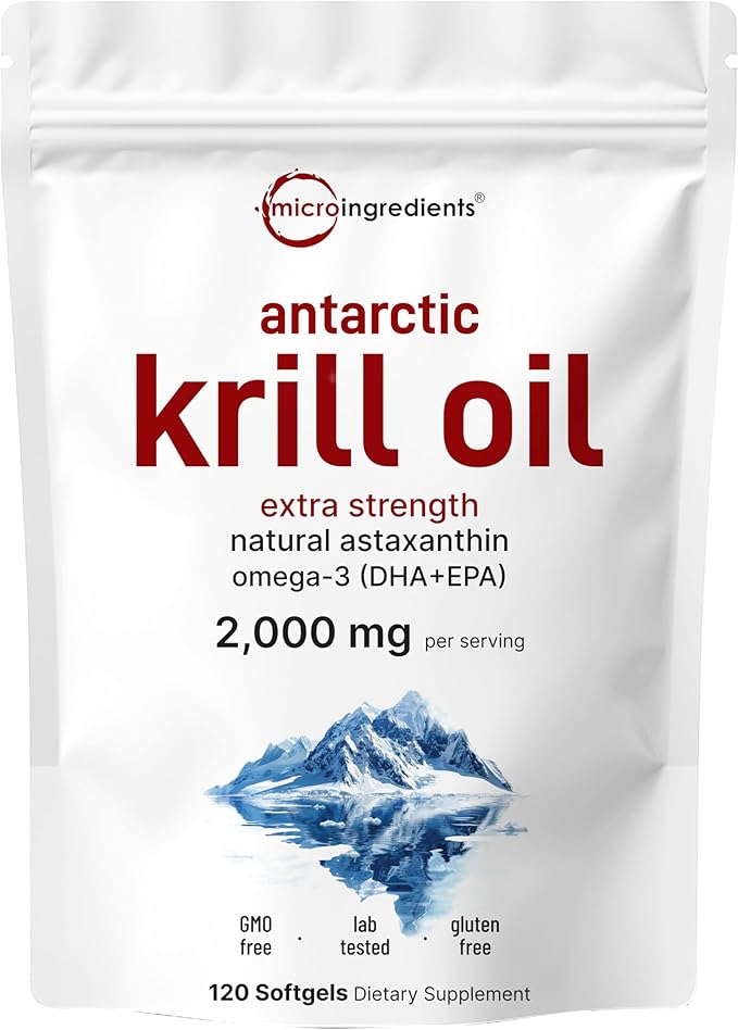 Micro Ingredients Antarctic Krill Oil Supplement, 2,000mg Per Serving, 120 Softgels, Triple Strength, Rich in Omega-3s EPA, DHA & Natural Astaxanthin, Supports Immune System & Brain Health