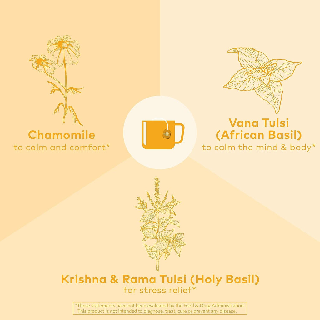 Organic India Tulsi Honey Chamomile Tea Bags - Herbal Tea for Stress Relieving & Calming, Immune Support, Adaptogen, Gluten-Free, USDA Certified Organic, Caffeine-Free - 18 Infusion Bags, 6 Pack