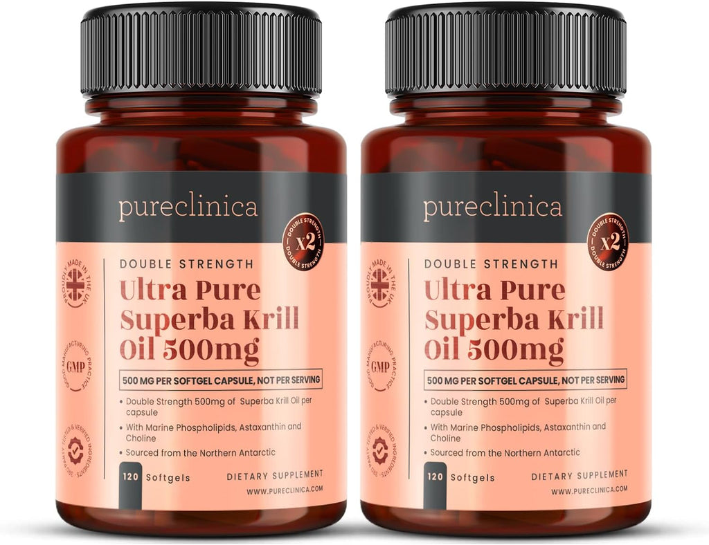 Ultra Pure Krill Oil 500mg x 240 Capsules (2 Bottles) - Sourced in The Unpolluted Waters of Antarctic Providing a Rich Supply of Astaxanthin, Omega 3, and Vitamin D