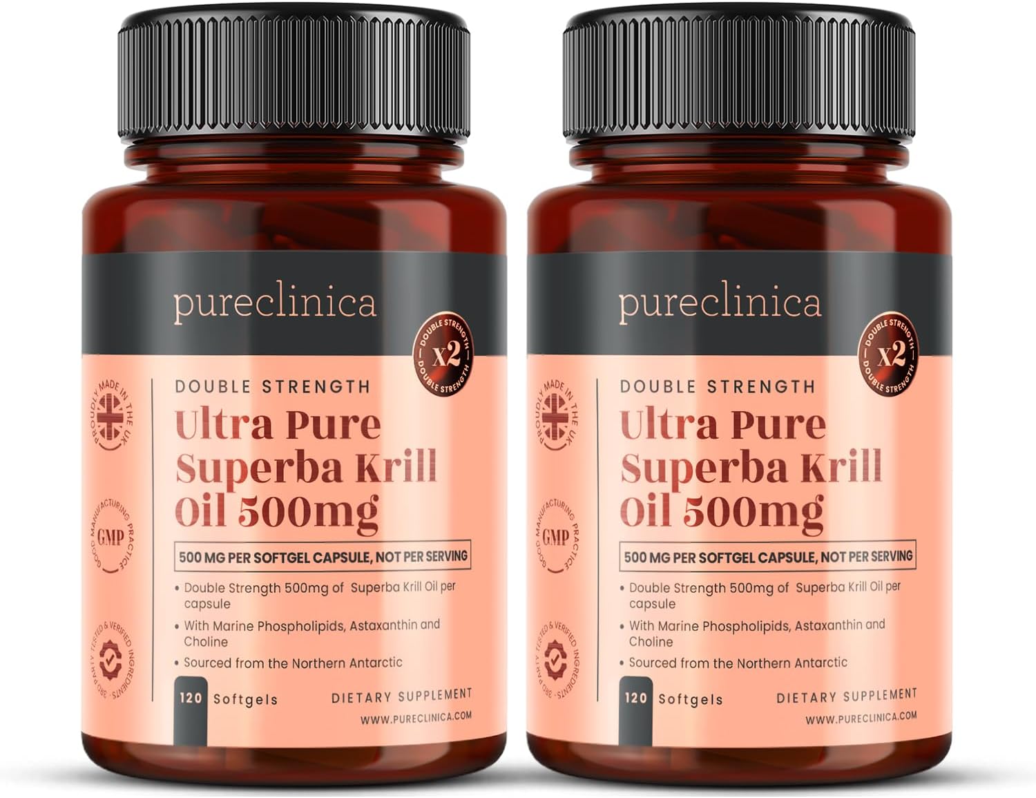 Ultra Pure Krill Oil 500mg x 240 Capsules (2 Bottles) - Sourced in The Unpolluted Waters of Antarctic Providing a Rich Supply of Astaxanthin, Omega 3, and Vitamin D